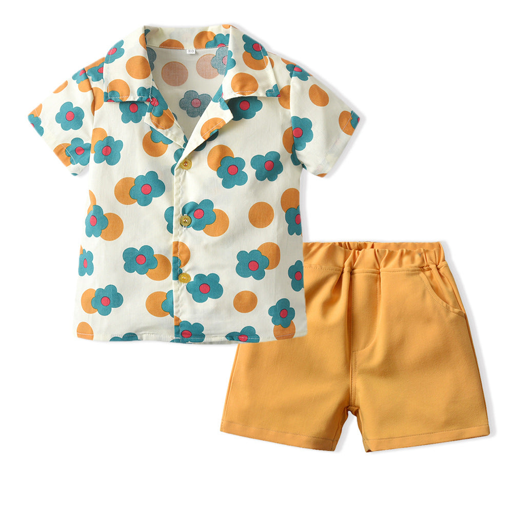 Wholesale Children's Cotton Shirt Printed Short Sleeved Shorts Set